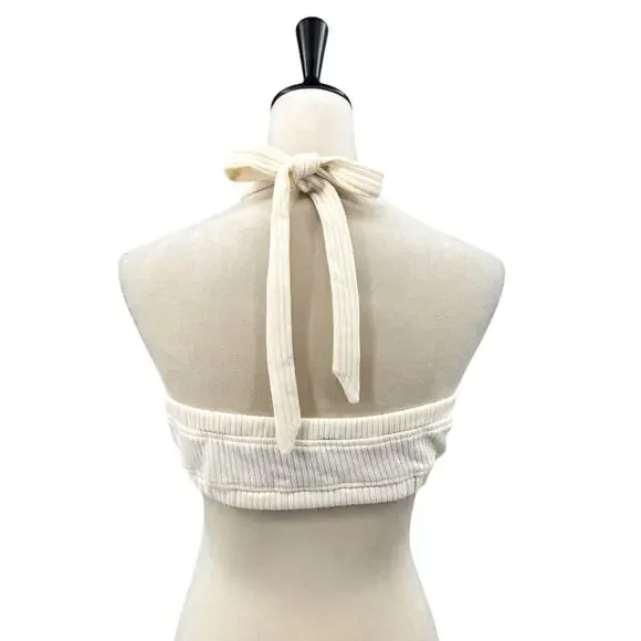 We Wore What NWT Tie Halter Bra Ribbed Ivory Cream Cropped Bandeau Top - Picture 6 of 14